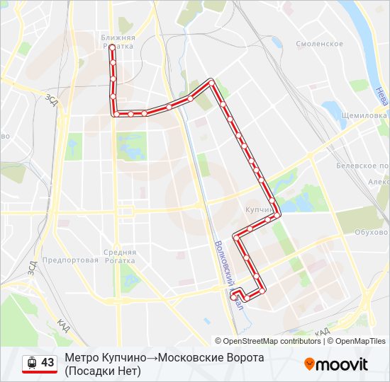 Трамвай 43: карта маршрута