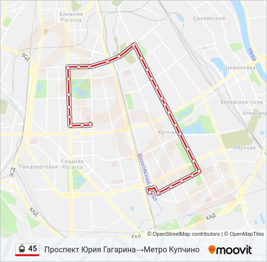 Трамвай 45: карта маршрута