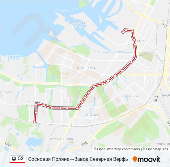Трамвай 52: карта маршрута