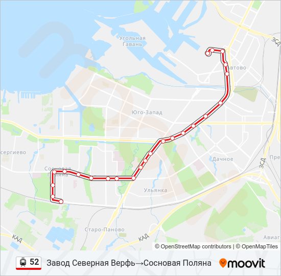 Трамвай 52: карта маршрута