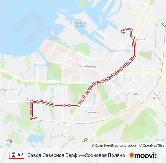 Трамвай 52: карта маршрута