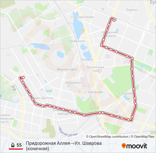 Трамвай 55: карта маршрута