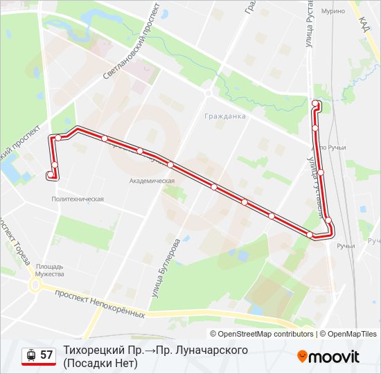 Трамвай 57: карта маршрута