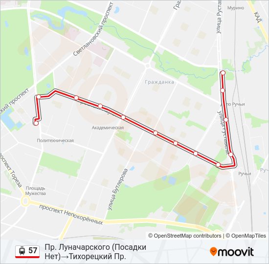 Трамвай 57: карта маршрута