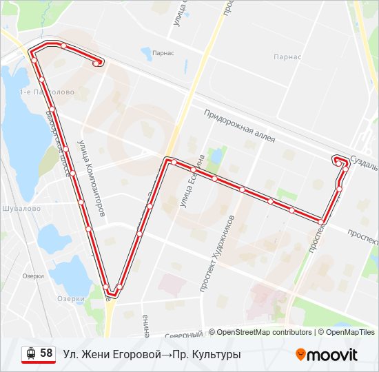 Трамвай 58: карта маршрута