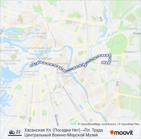 Маршрут троллейбуса 22 на карте Санкт-Петербурга