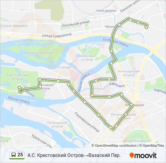 Маршрут 25. Маршрут 25 автобуса. Маршрут от《 м. Пионерская》до 《м. Крестовский остров》.