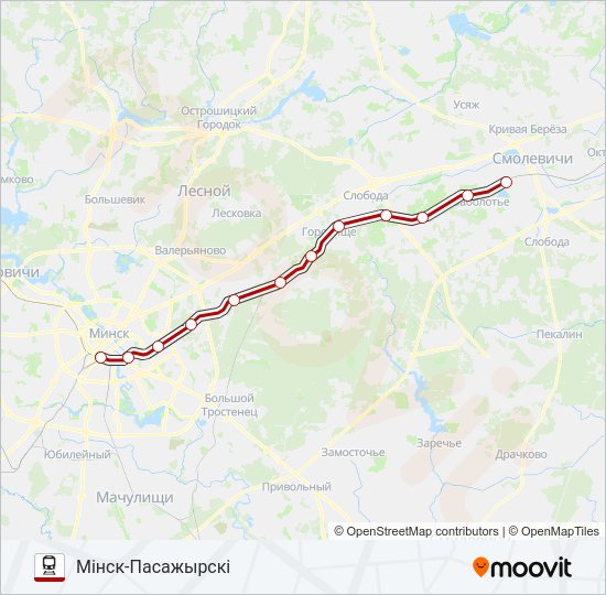Поезд МІНСК - ЧЫРВОНЫ СЦЯГ: карта маршрута
