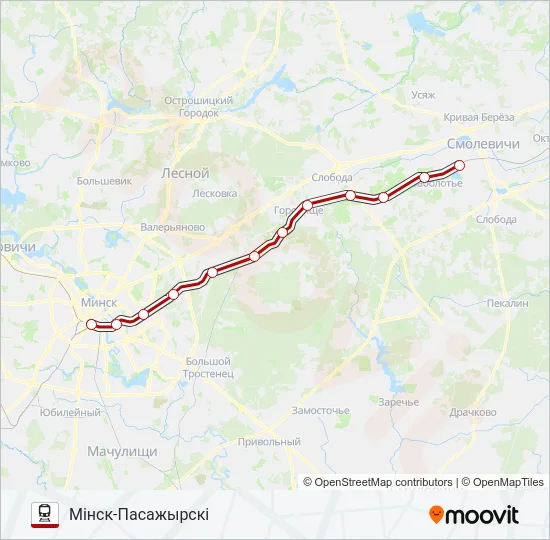 Поезд МІНСК - ЧЫРВОНЫ СЦЯГ: карта маршрута
