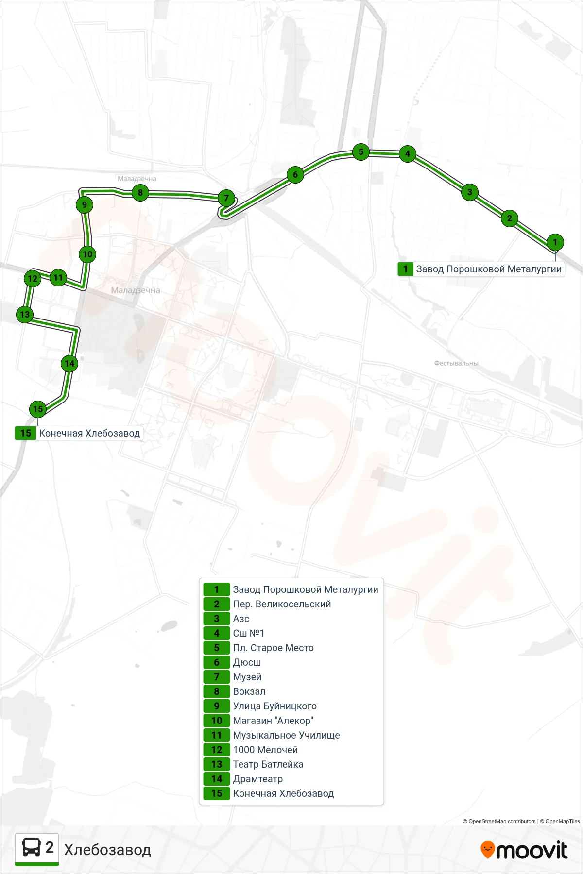 2 bus Line (Bakery) route and stops on a map