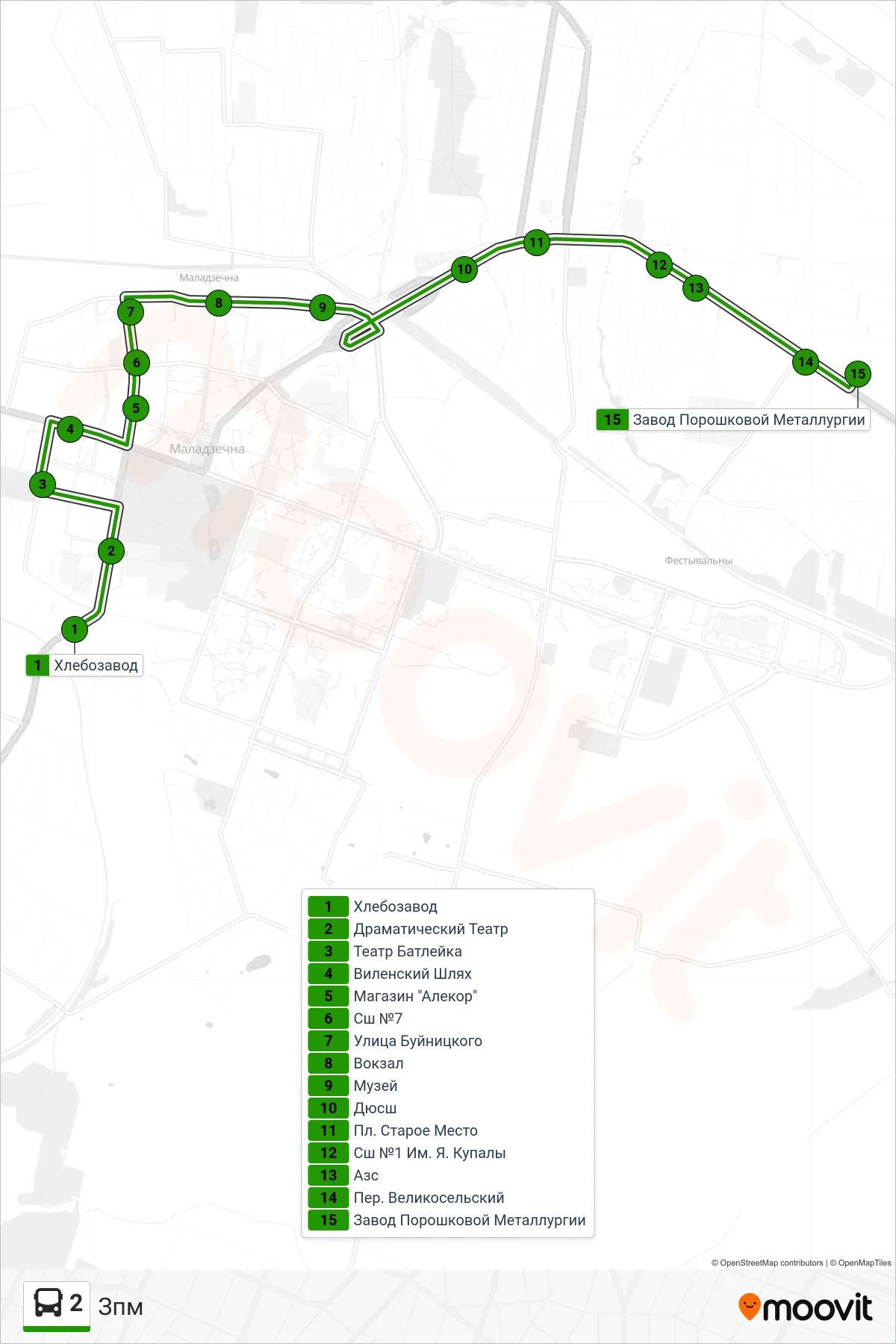 2 bus Line (ZPM) route and stops on a map