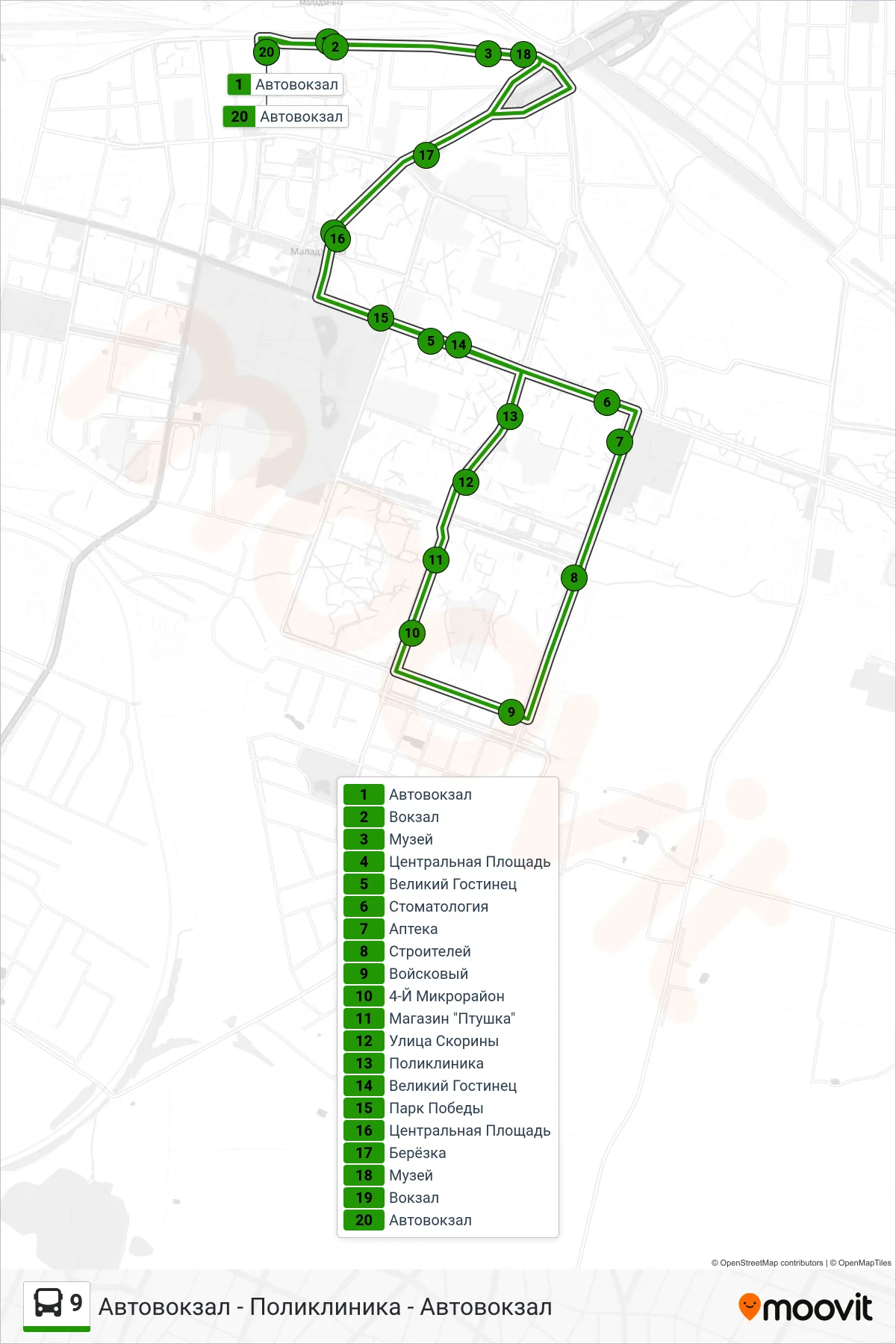 9 bus Line (Bus Station - Polyclinic - Bus Station) route and stops on a map