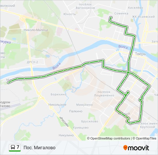 Движение автобусов тверь транспорт верхневолжья. Маршрут 7. Маршрут автобуса 7 в Твери. Мигалово на карте. Маршрут 7с во Владимире.