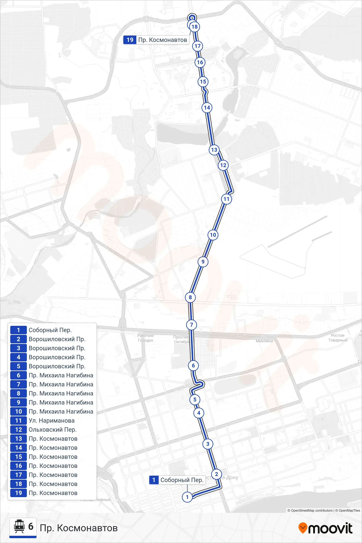 6 cable car Line (Cosmonauts Ave.) route and stops on a map