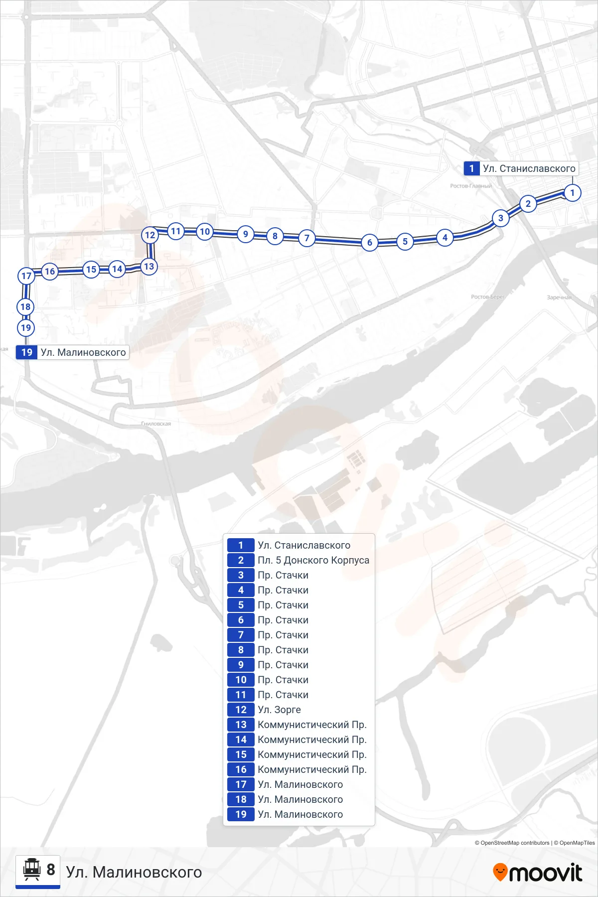 8 cable car Line (Malinovsky Street) route and stops on a map