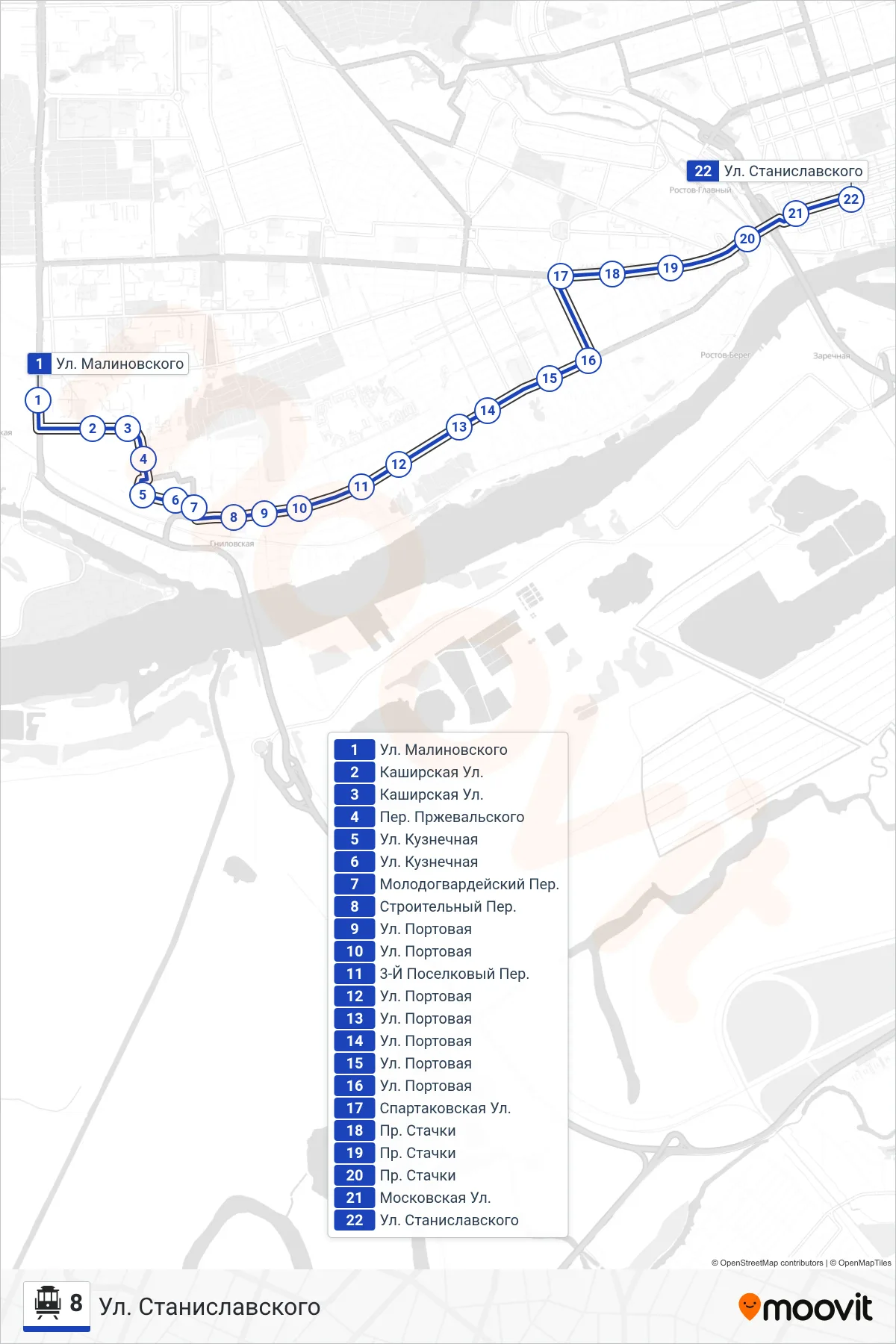 8 cable car Line (Stanislavskogo Street) route and stops on a map