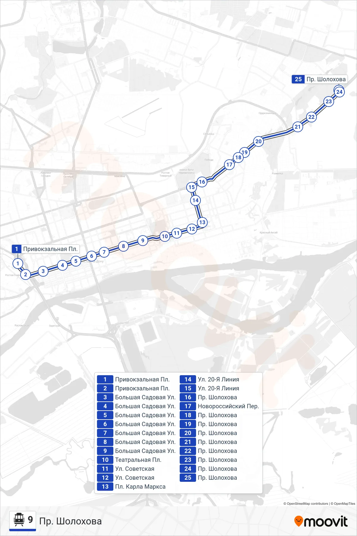 9 cable car Line (Sholokhova Ave.) route and stops on a map