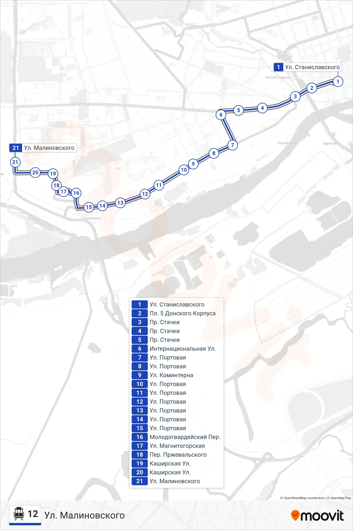 12 cable car Line (Malinovsky Street) route and stops on a map