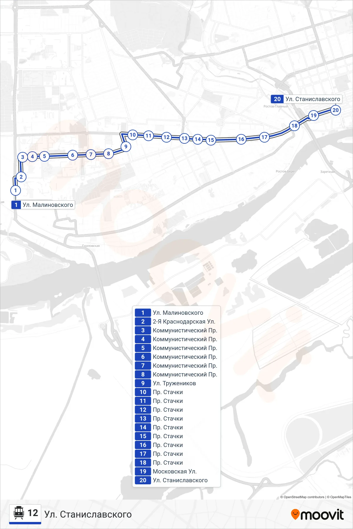 12 cable car Line (Stanislavskogo Street) route and stops on a map