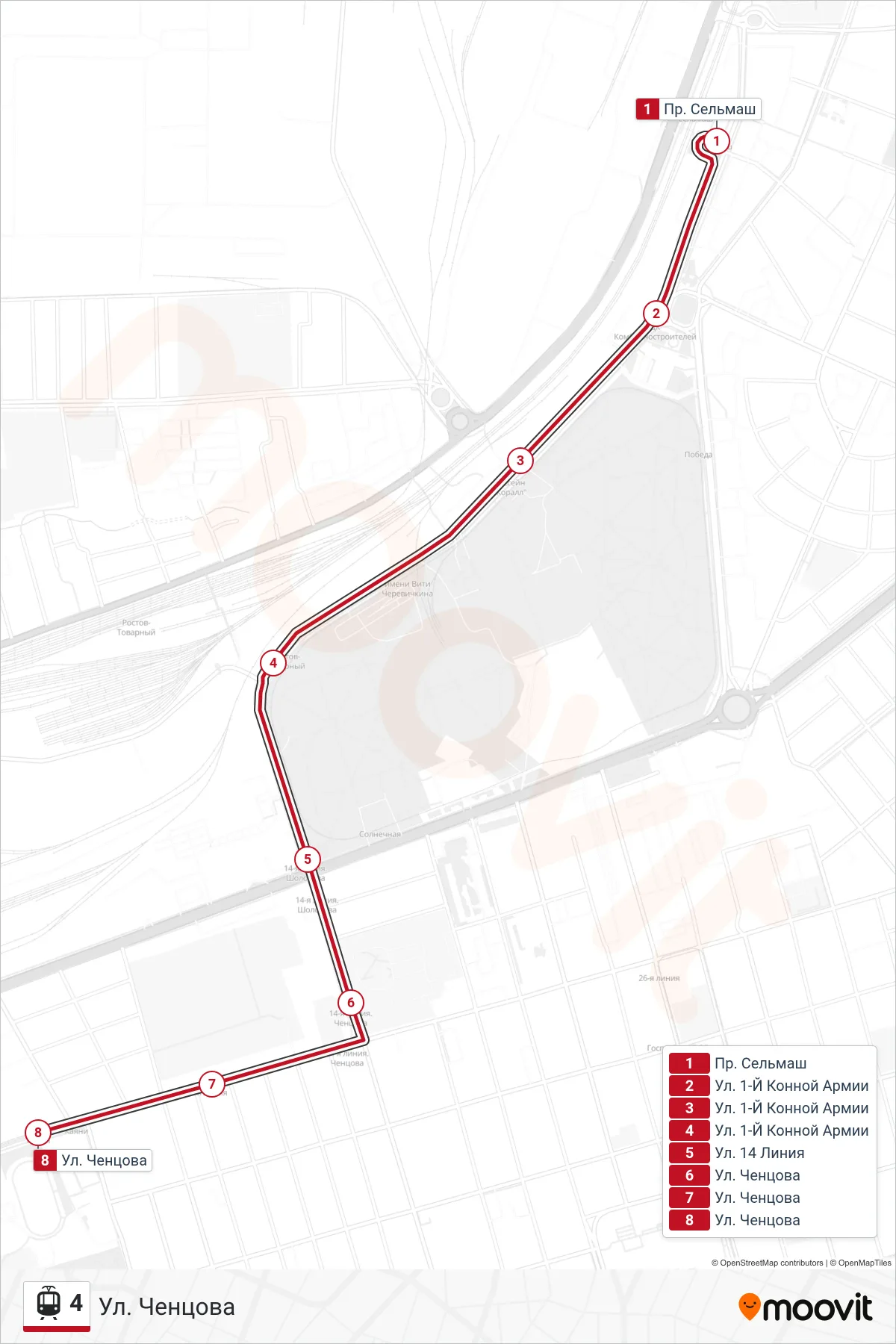 4 tram Line (Chentsova St.) route and stops on a map