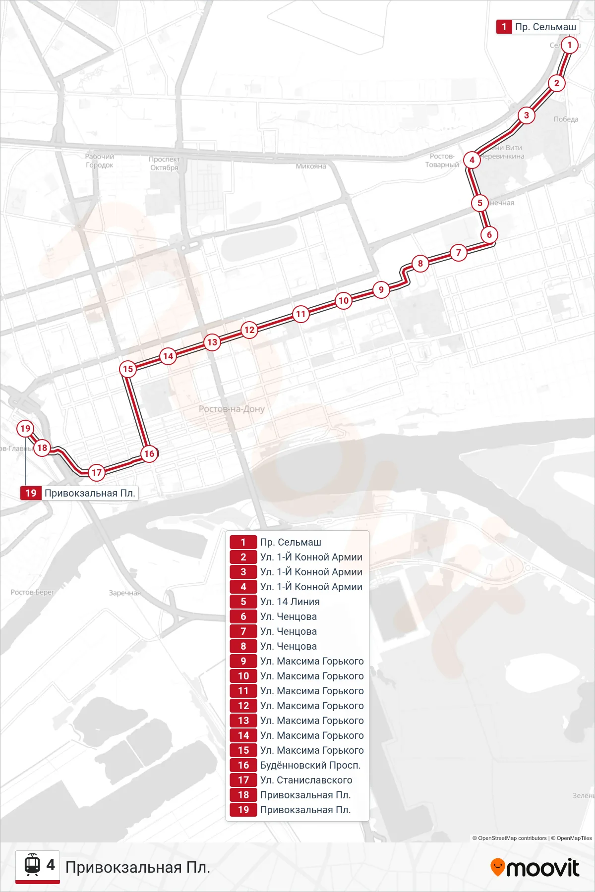 4 tram Line (Station Square) route and stops on a map
