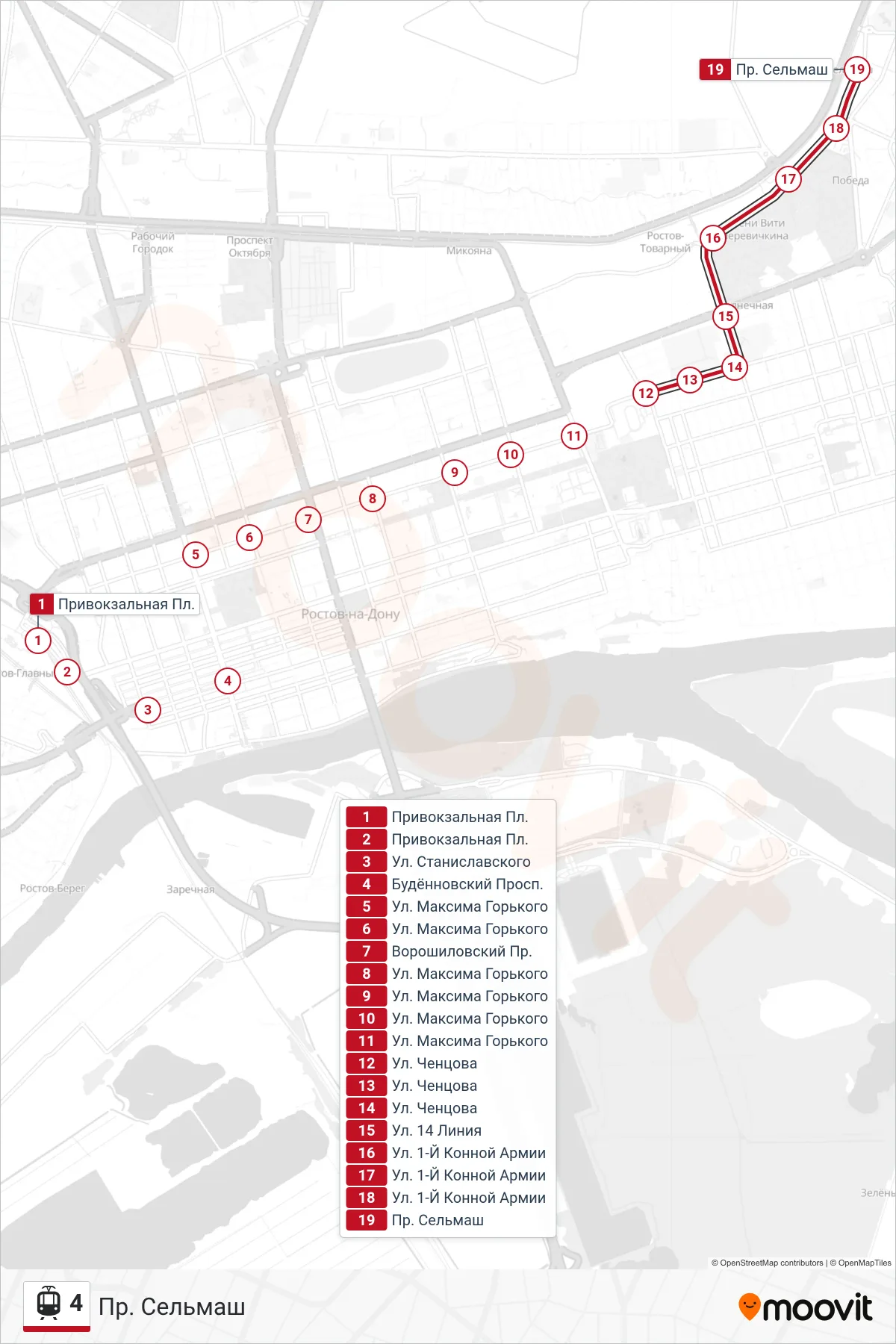 4 tram Line (Selmash Ave.) route and stops on a map