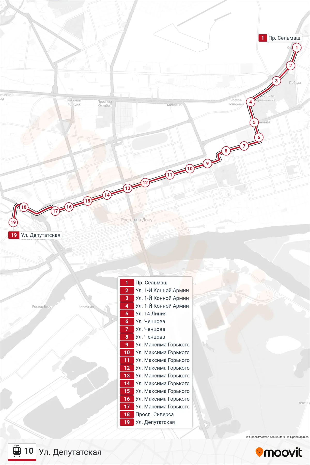 10 tram Line (Deputatskaya Street) route and stops on a map