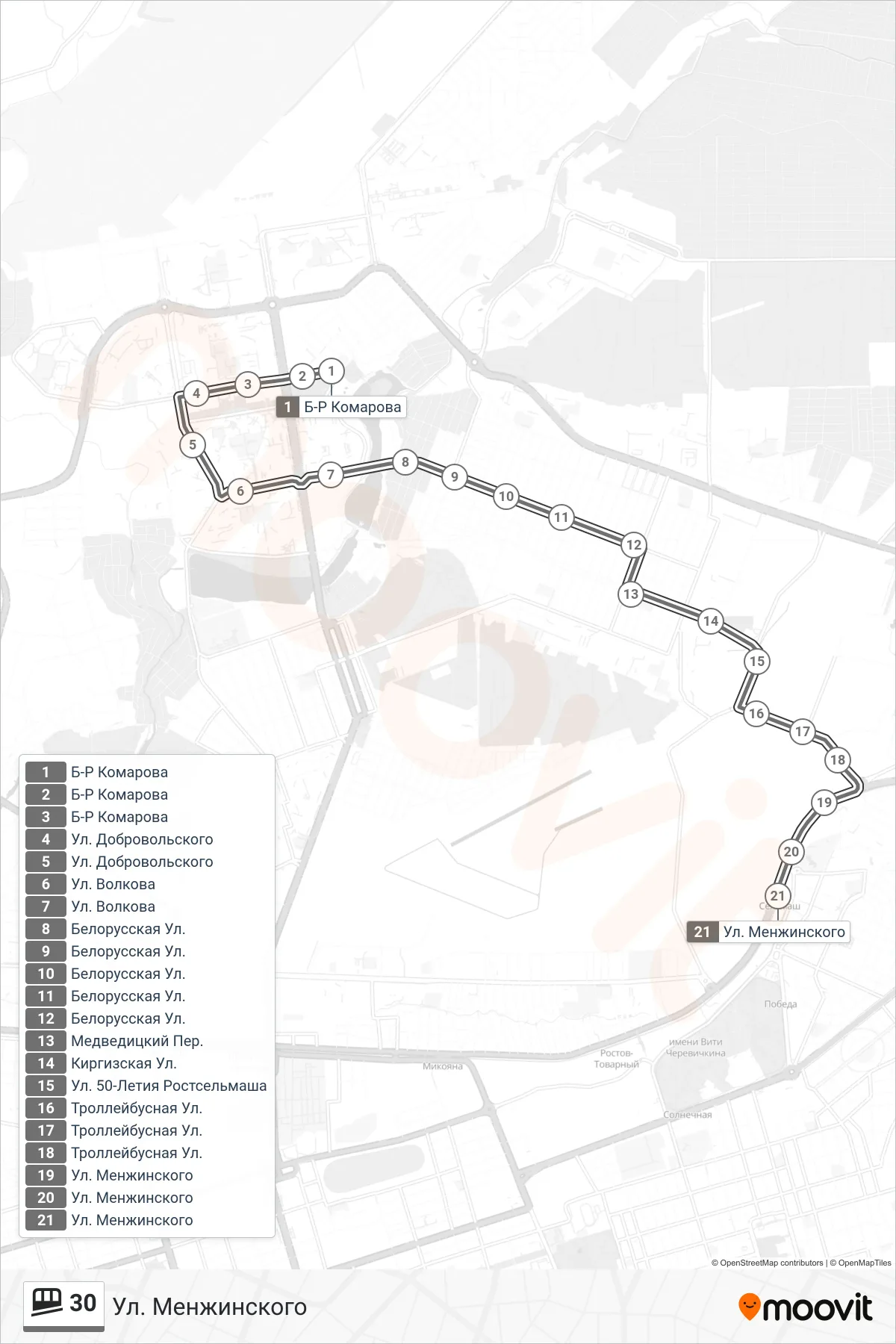 30 shuttle Line (Menzhinsky Street) route and stops on a map