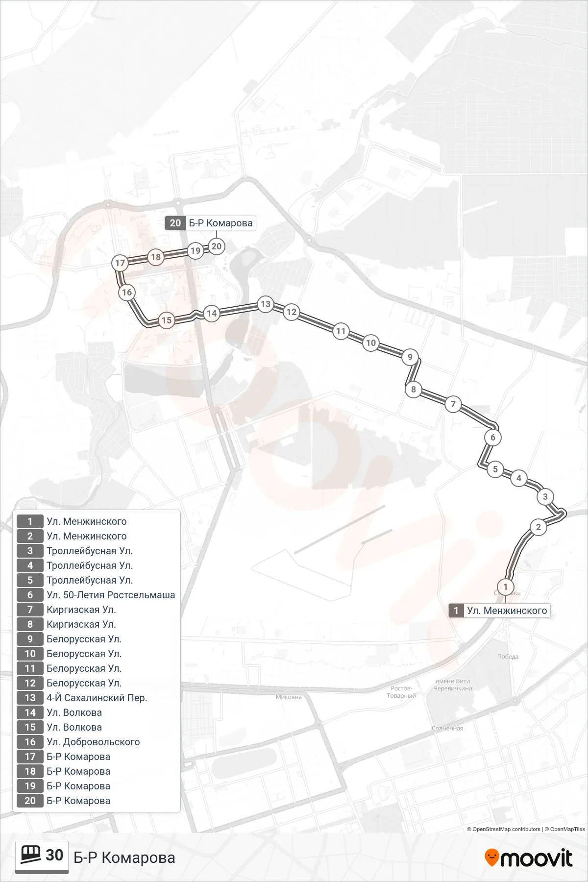 30 shuttle Line (Komarov Blvd.) route and stops on a map