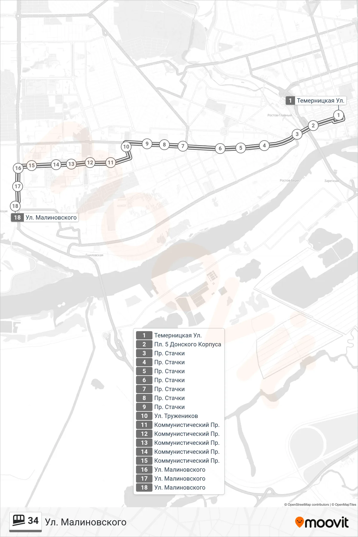 34 funicular Line (Malinovsky Street) route and stops on a map