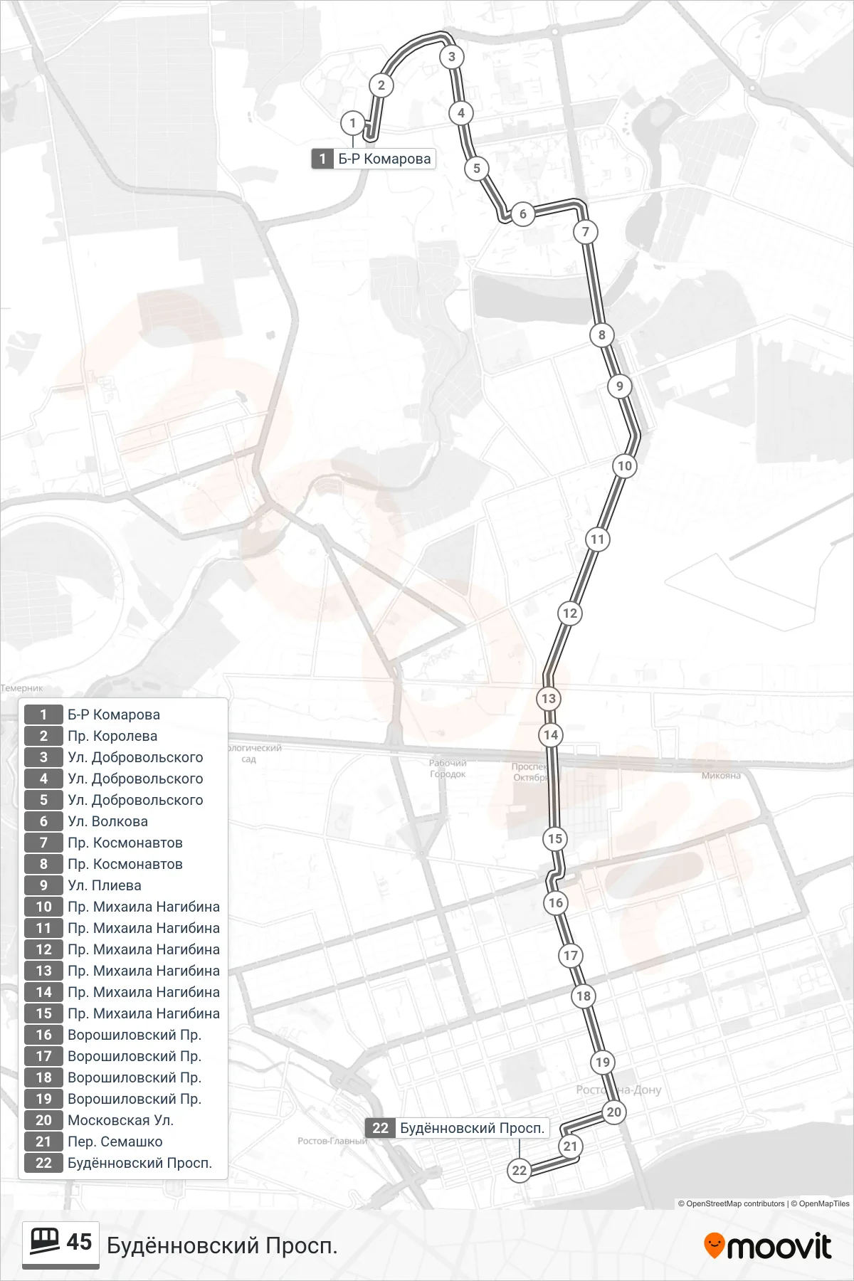 45 funicular Line (Budyonnovsky Ave.) route and stops on a map