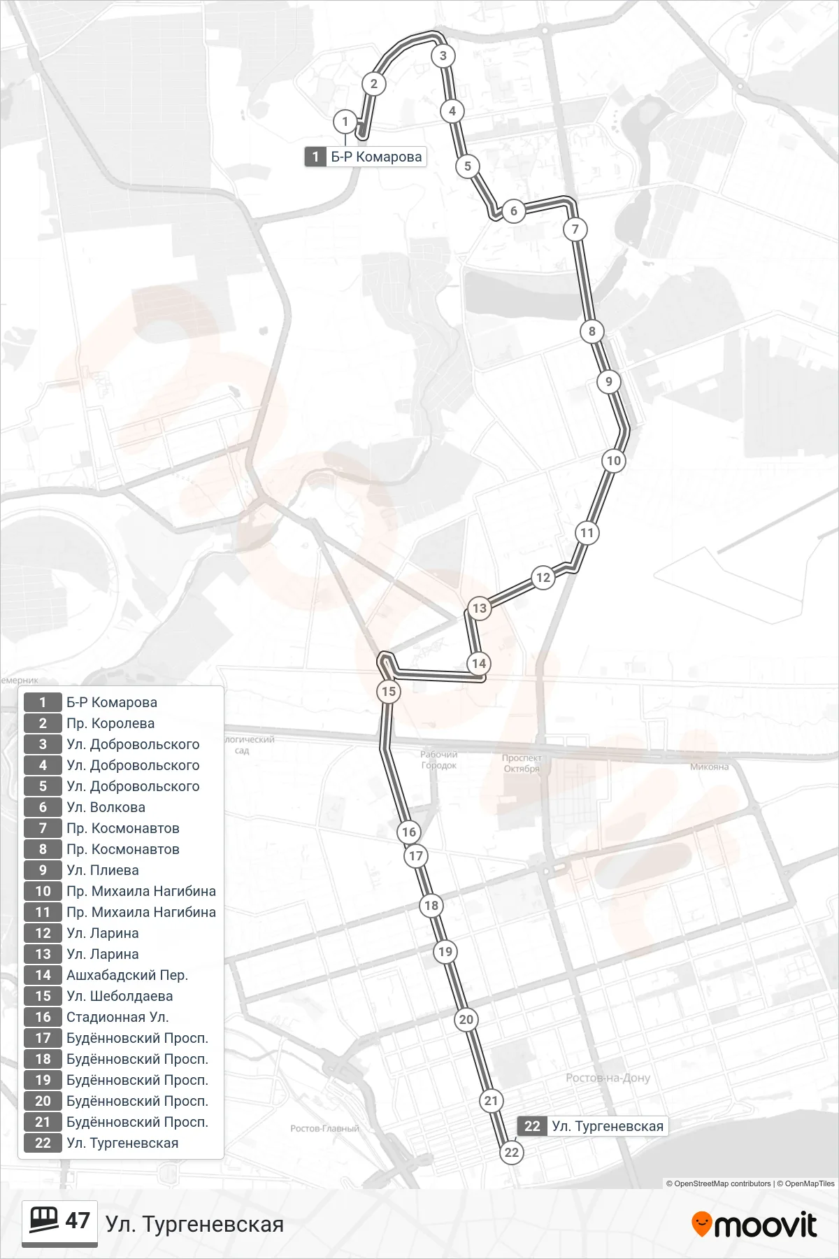 47 shuttle Line (Turgenevskaya St.) route and stops on a map