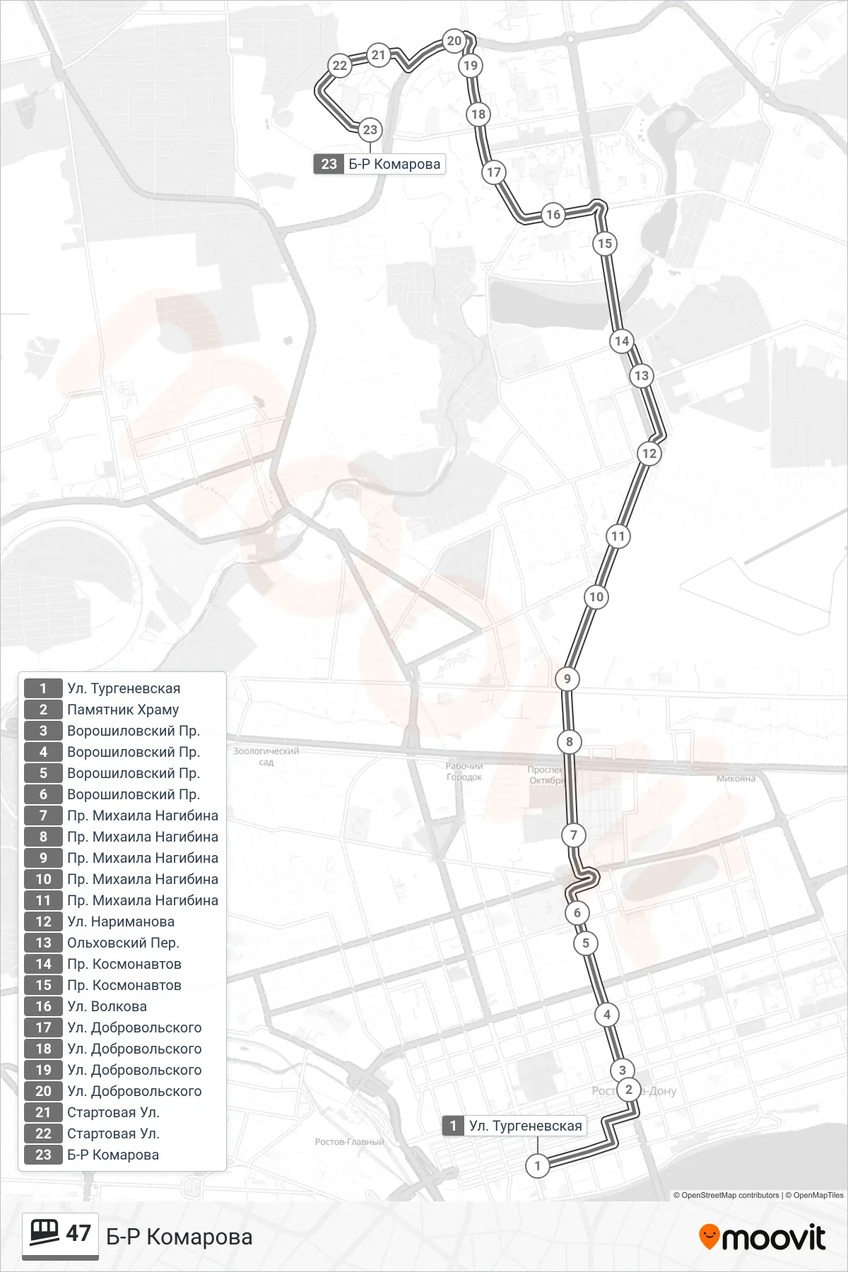 47 funicular Line (Komarov Blvd.) route and stops on a map