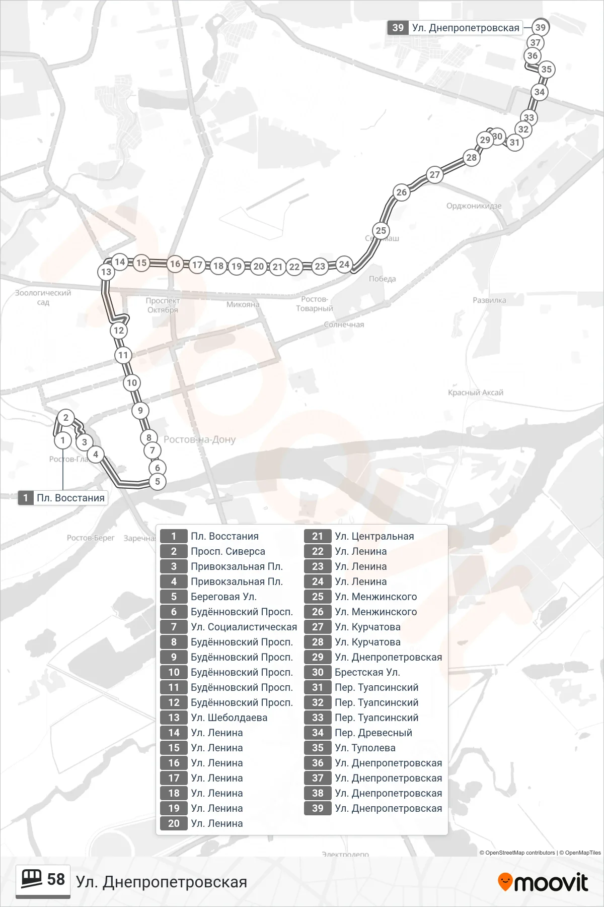 58 funicular Line (Dnepropetrovskaya Street) route and stops on a map