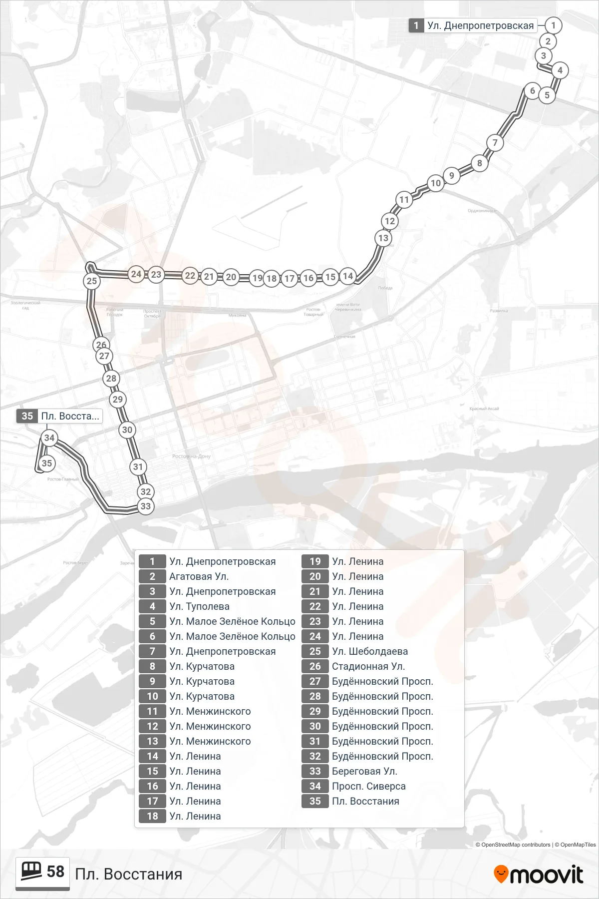 58 funicular Line (Vosstaniya Square) route and stops on a map