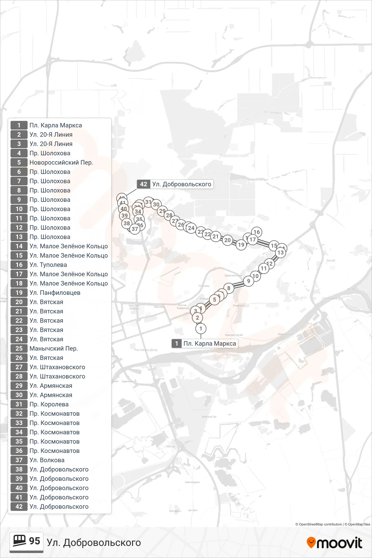 95 funicular Line (Dobrovolsky Street) route and stops on a map