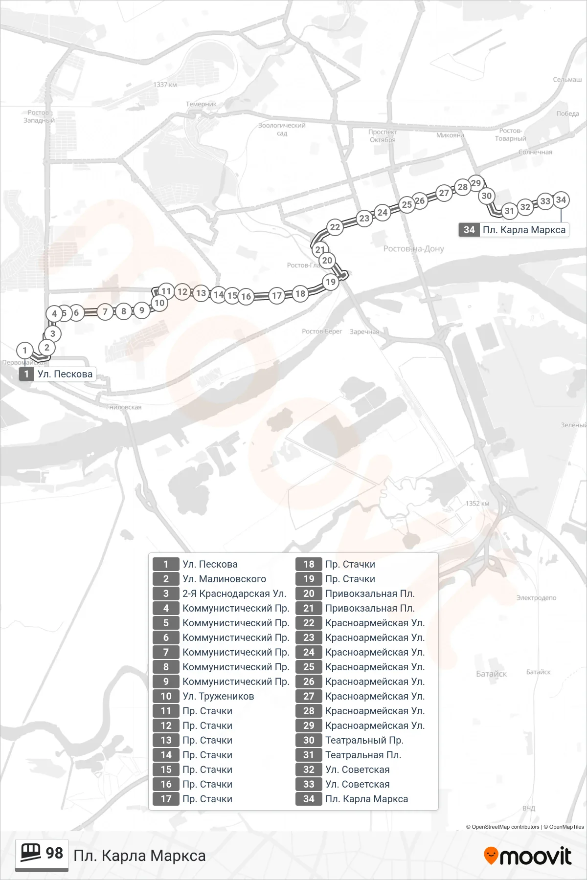 98 funicular Line (Karl Marx Square) route and stops on a map