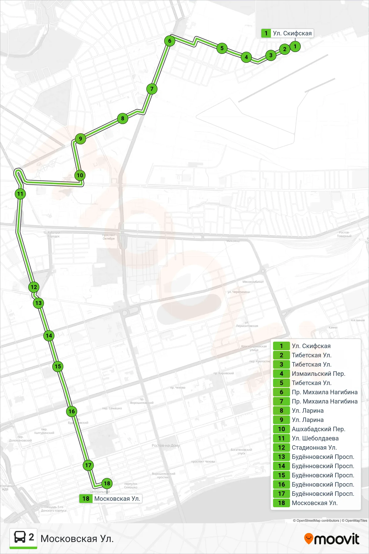 2 bus Line (Moscow Street) route and stops on a map