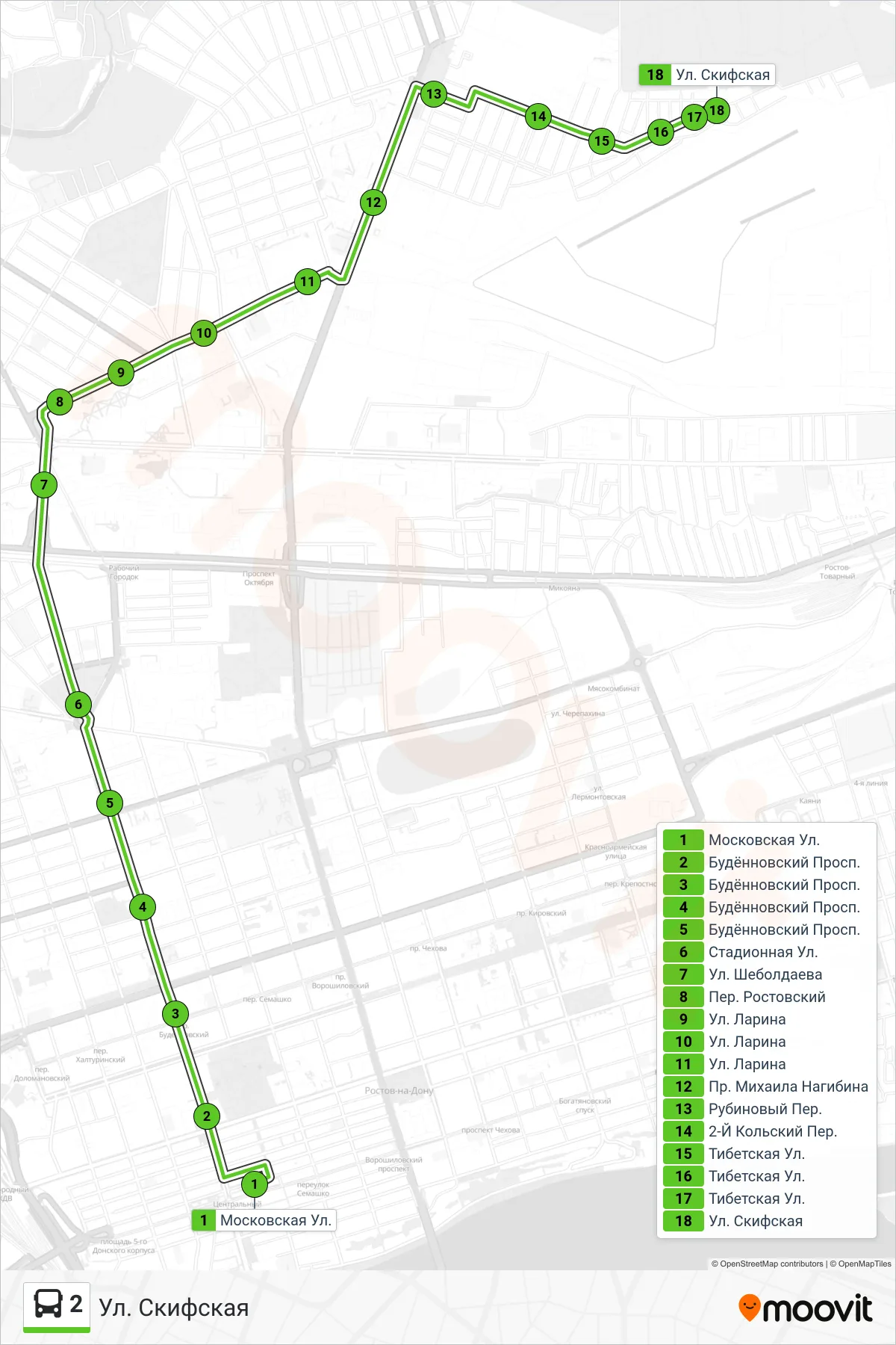 2 bus Line (Skifskaya Street) route and stops on a map
