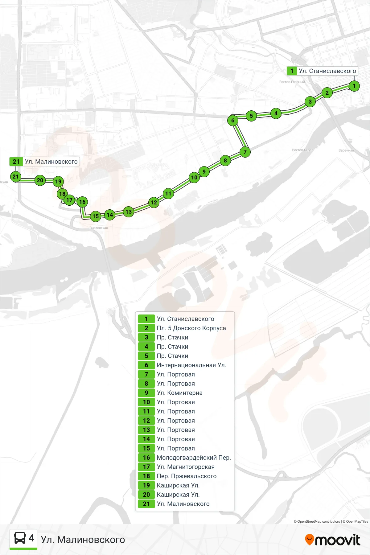 4 bus Line (Malinovsky Street) route and stops on a map