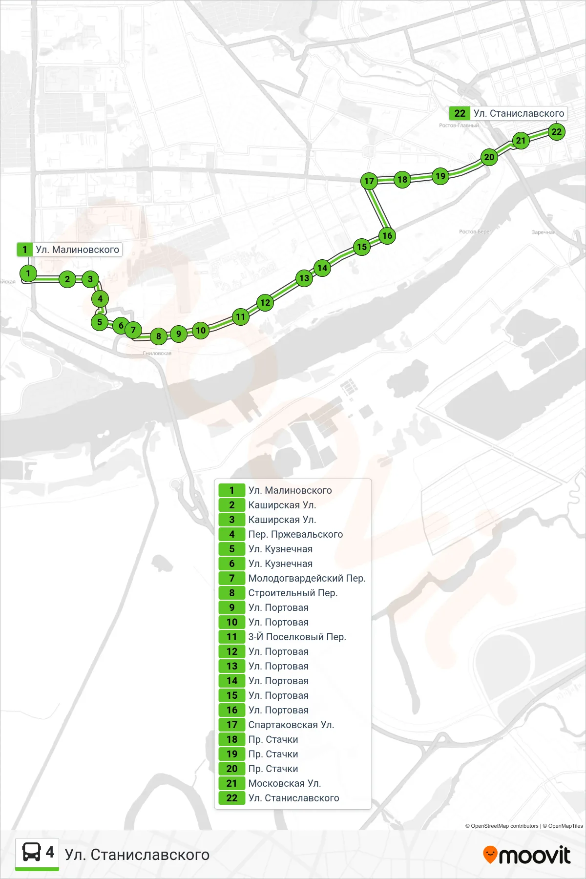 4 bus Line (Stanislavskogo Street) route and stops on a map