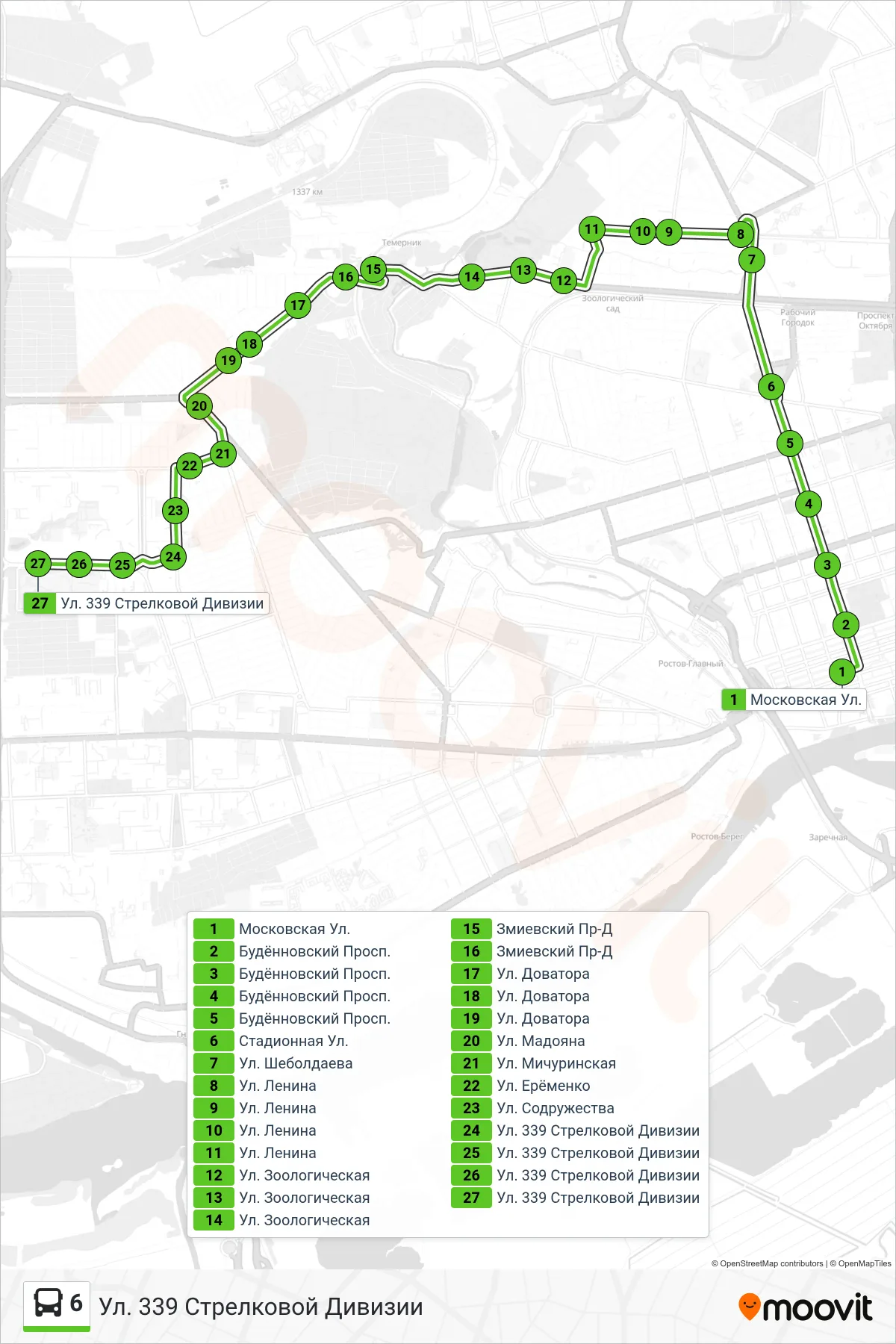 6 bus Line (339th Rifle Division Street) route and stops on a map