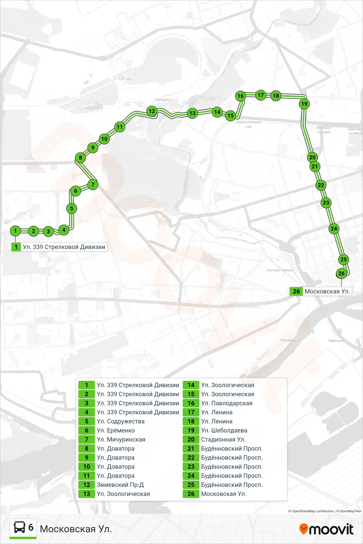 6 bus Line (Moscow Street) route and stops on a map