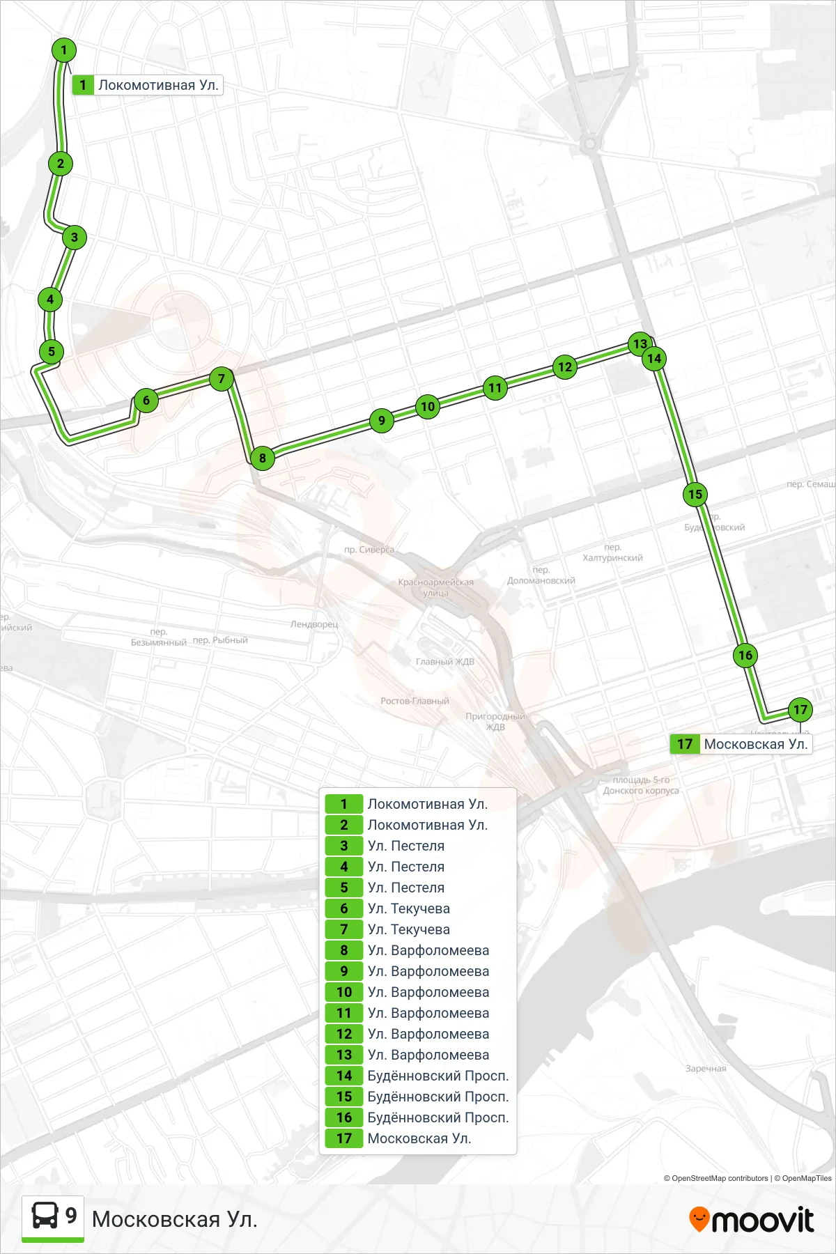 9 bus Line (Moscow Street) route and stops on a map