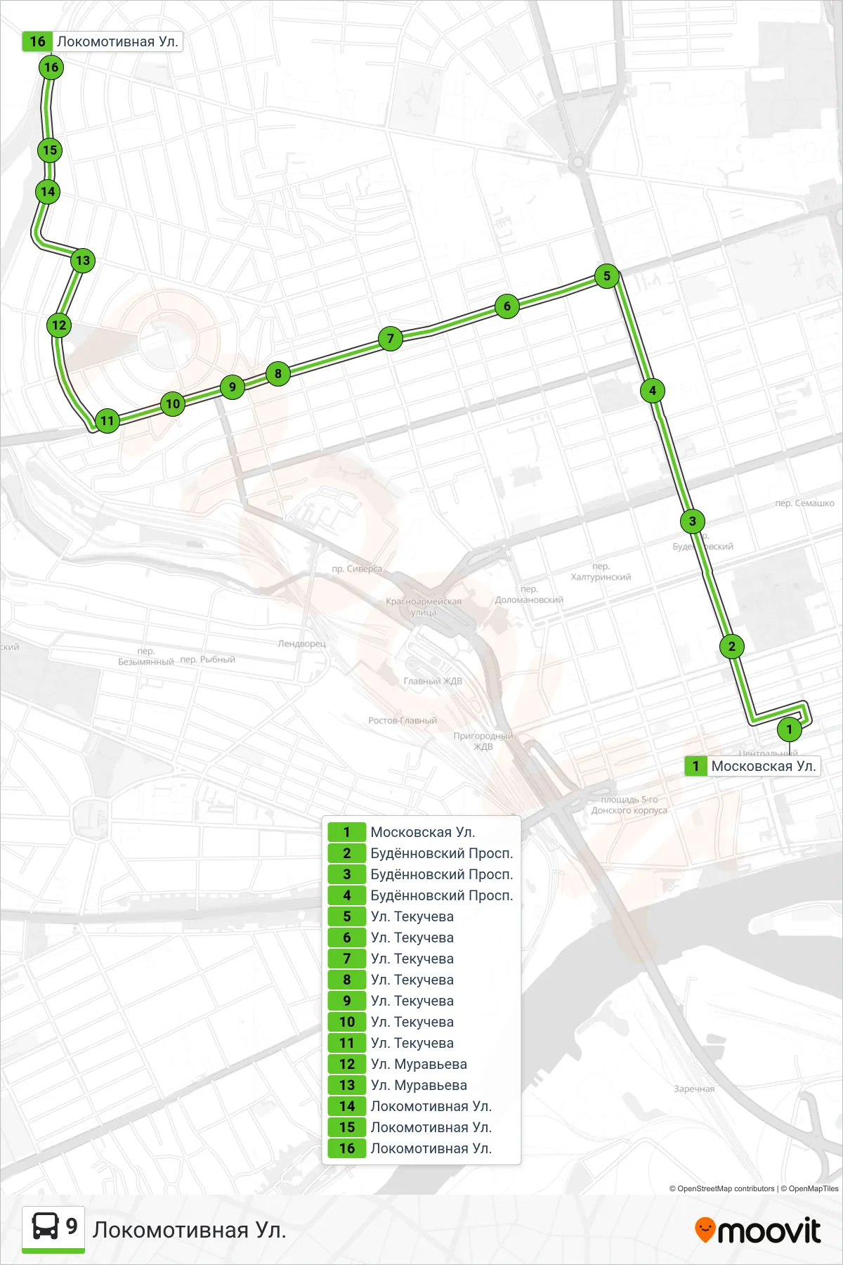 9 bus Line (Locomotive St.) route and stops on a map