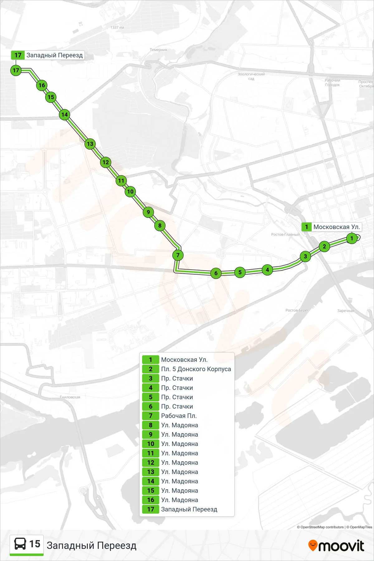 15 bus Line (Western Crossing) route and stops on a map