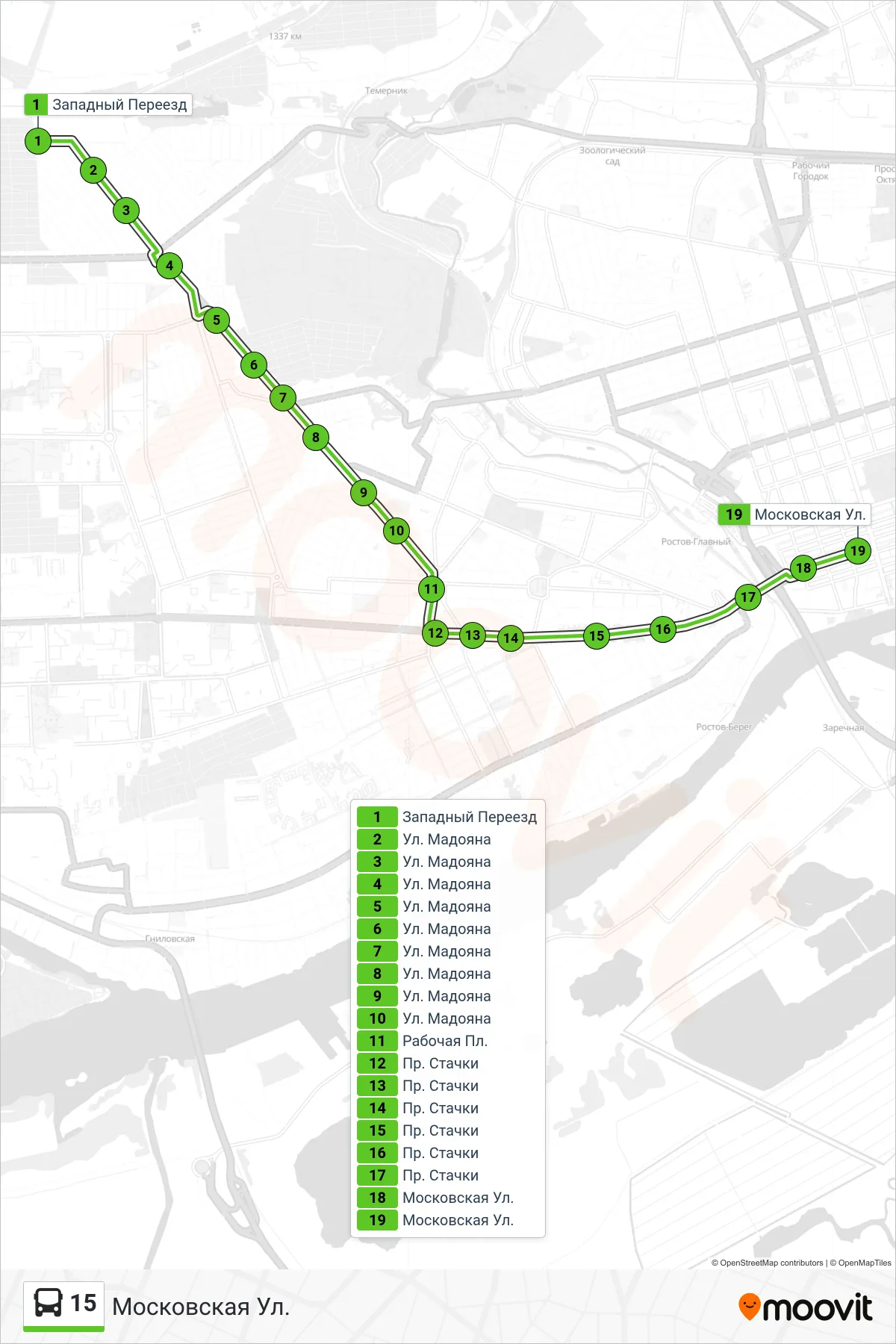 15 bus Line (Moscow Street) route and stops on a map