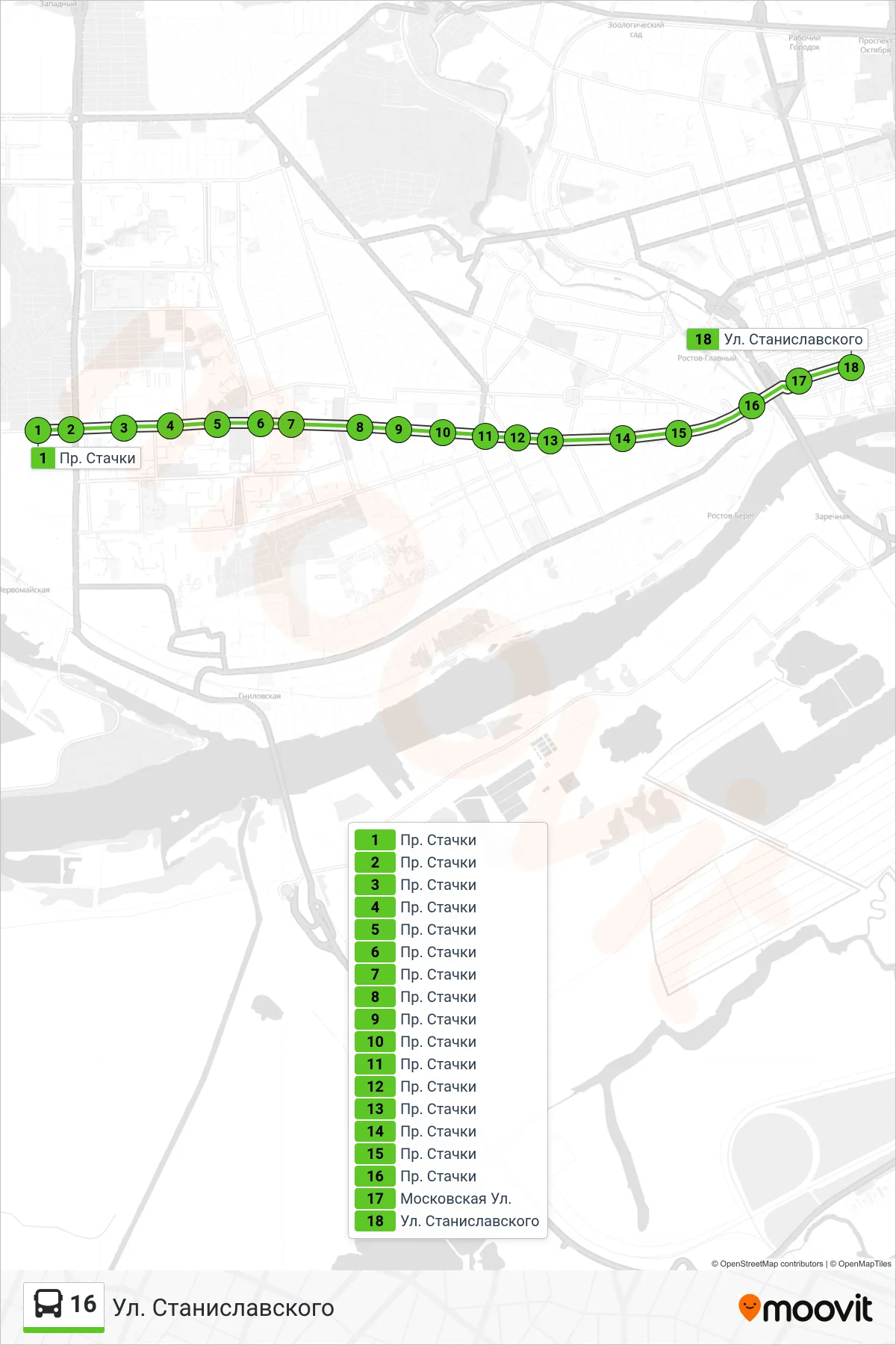 16 bus Line (Stanislavskogo Street) route and stops on a map