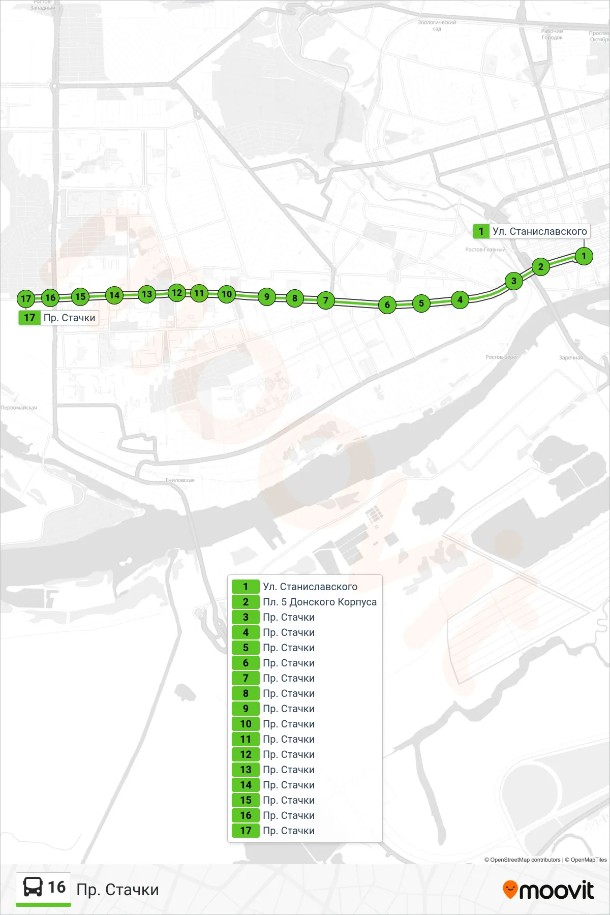 16 bus Line (Stachki Avenue) route and stops on a map
