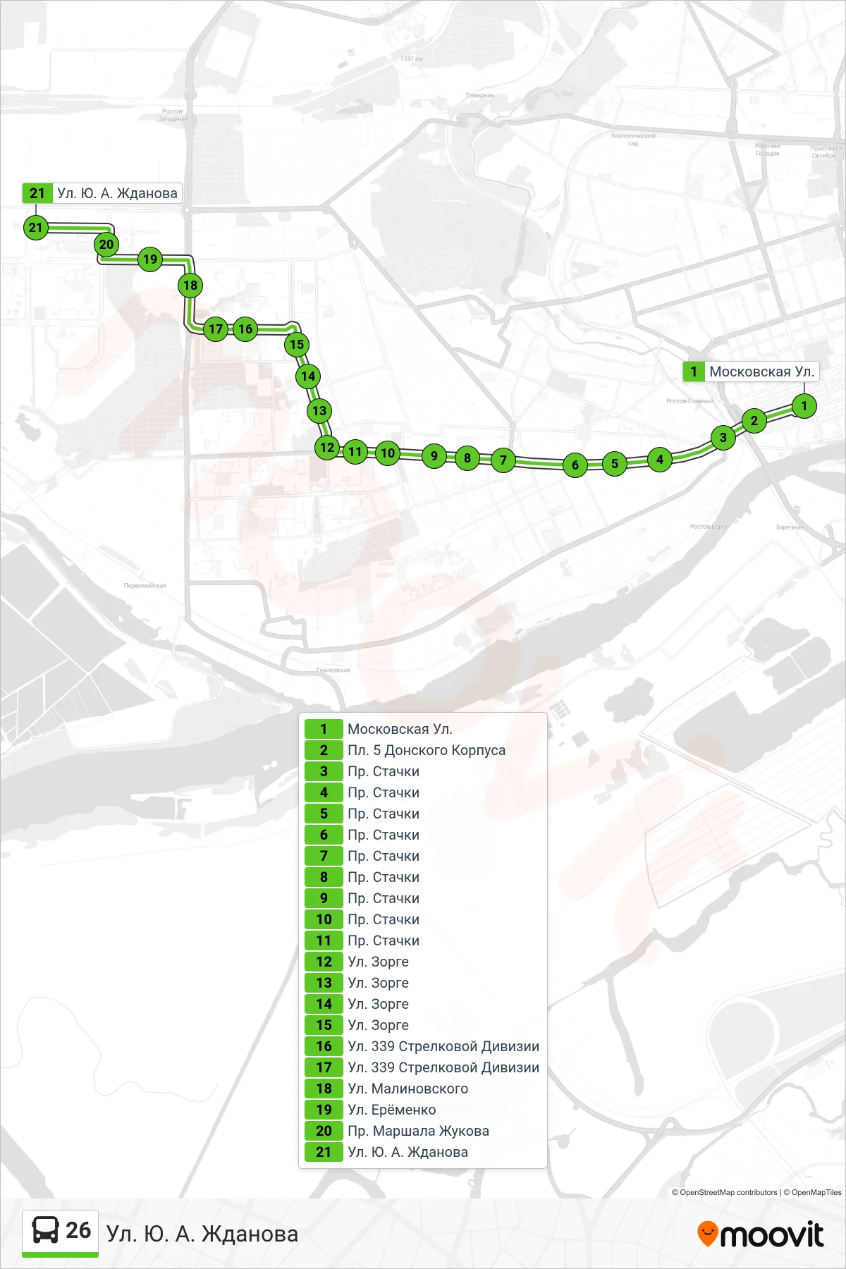 26 bus Line (Yu. A. Zhdanova St.) route and stops on a map